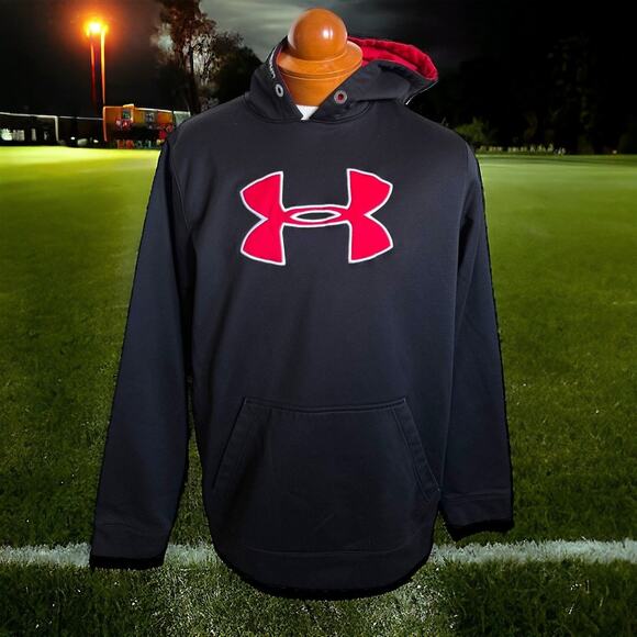 Under Armour Mens Hoodie Sz L Loose Fit Red Black Big Logo - Picture 1 of 10